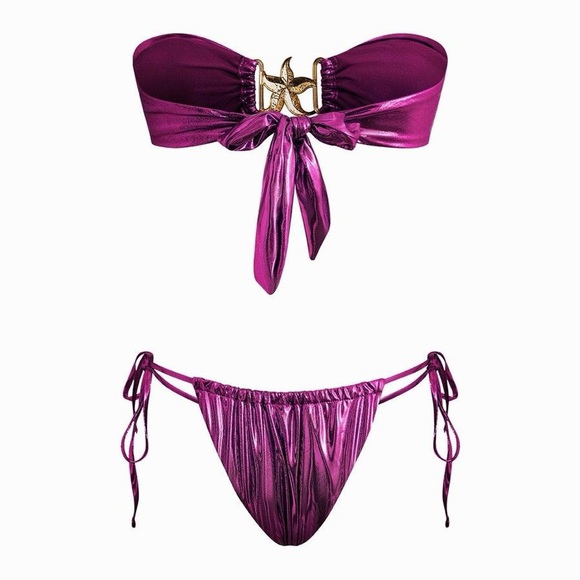 Cute Metallic Bandeau Top Two piece Bikini Set Swimsuit - Picture 2 of 4